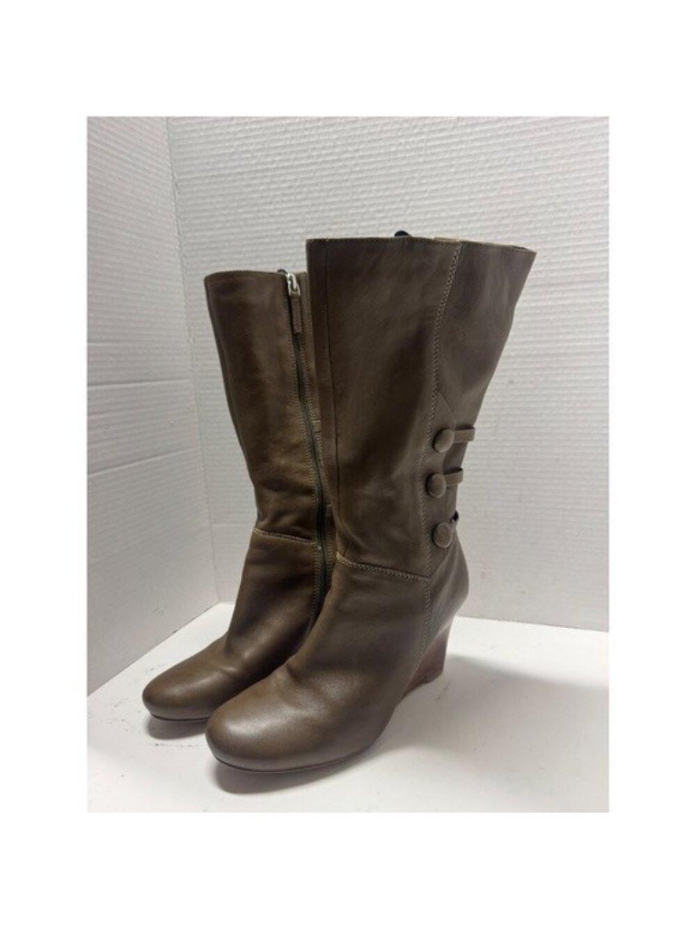 ECCO Brown Leather Wedge Mid Calf Boots EU 40 US 9-9.5 Button Detail Zip